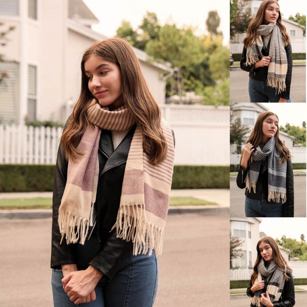 Contemporary Striped Woven Tassel Scarf